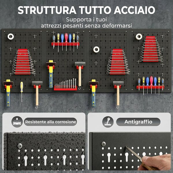 HOMCOM Set 4 Pannelli Porta Attrezzi da Parete in Acciaio 38pz, con 12 Supporti e 22 Ganci, Nero e Rosso | Aosom Italy
