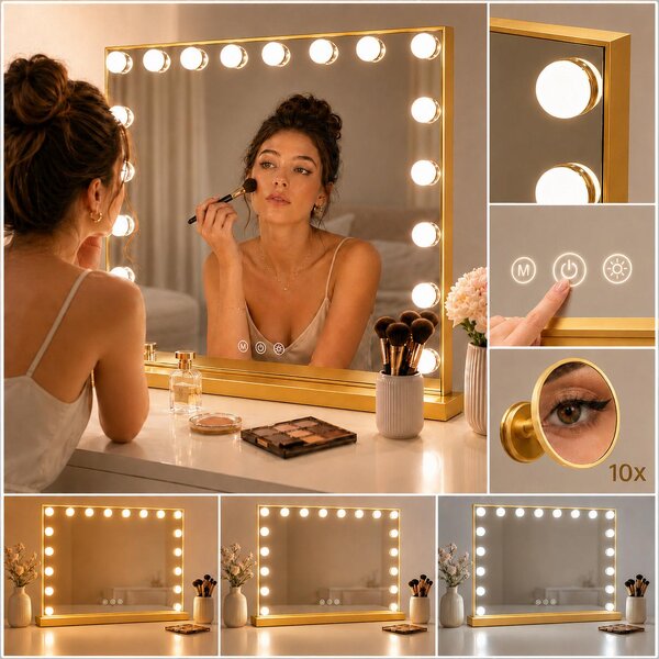 Specchio da Trucco LED Hollywood in Metallo 80x62 cm, 3 Tonalità di Luce, USB, Oro
