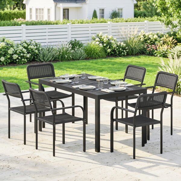 Outsunny Set da Pranzo Esterno 6 Persone, Tavolo e Sedie con Foro Ombrellone, Nero | Aosom Italy