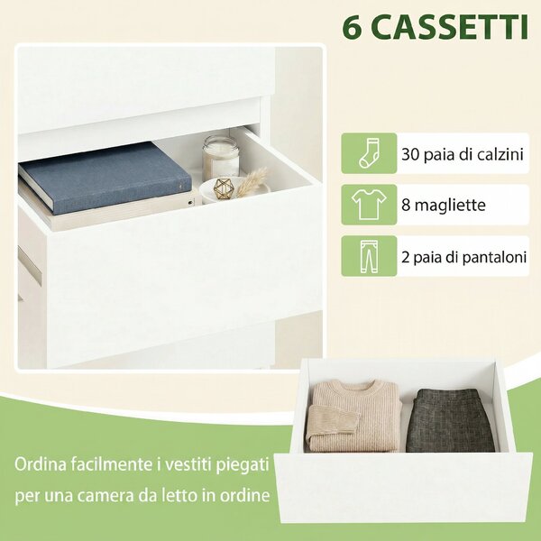 HOMCOM Comò Slim, 6 Cassetti Finitura Lucida, Camera da Letto, Bianco | Aosom Italy