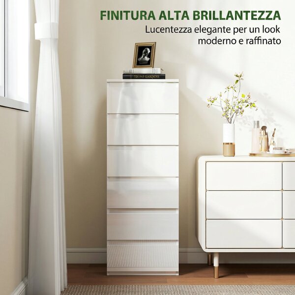 HOMCOM Comò Slim, 6 Cassetti Finitura Lucida, Camera da Letto, Bianco | Aosom Italy