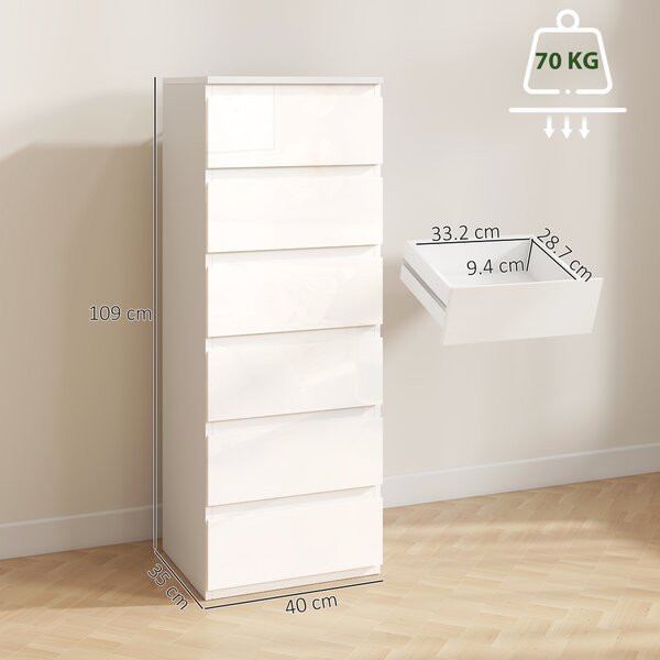 HOMCOM Comò Slim, 6 Cassetti Finitura Lucida, Camera da Letto, Bianco | Aosom Italy