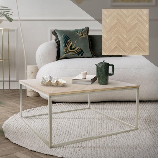 Tavolino ML-Design 80x80x40 cm, aspetto rovere con motivo a spina di pesce, struttura in metallo color oro, design industriale