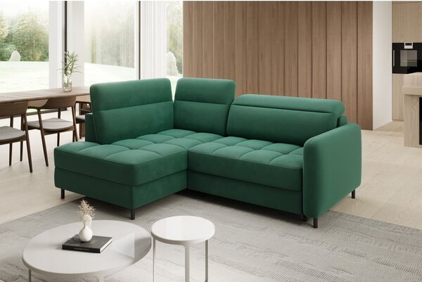 Divano angolare verde allungabile/con contenitore (con penisola a sinistra/a L) e rivestimento in velluto Barea – ELTAP