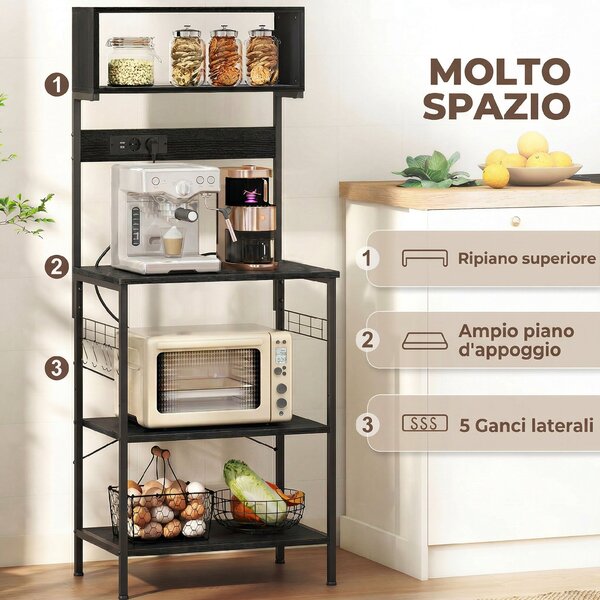 HOMCOM Scaffale da Cucina con Multipresa per Microonde con Ripiani e Ganci Stile Industriale, Legno e Acciaio, Nero | Aosom Italy