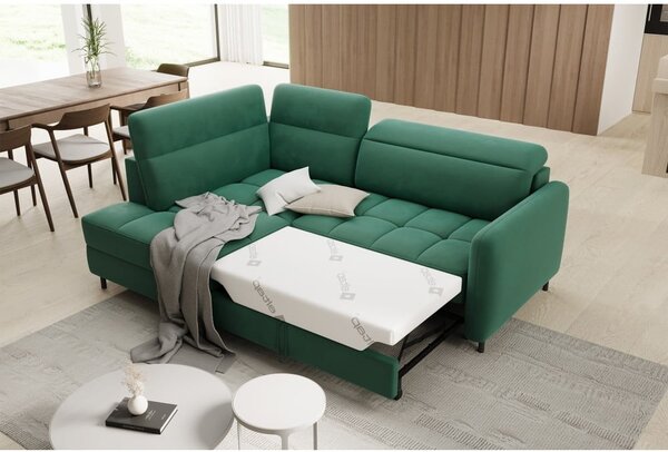 Divano angolare verde allungabile/con contenitore (con penisola a sinistra/a L) e rivestimento in velluto Barea – ELTAP