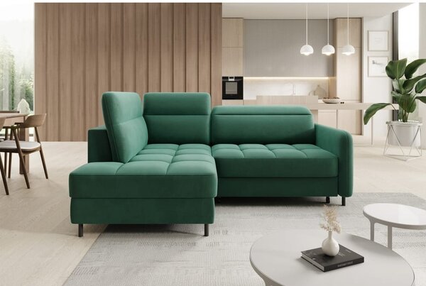 Divano angolare verde allungabile/con contenitore (con penisola a sinistra/a L) e rivestimento in velluto Barea – ELTAP