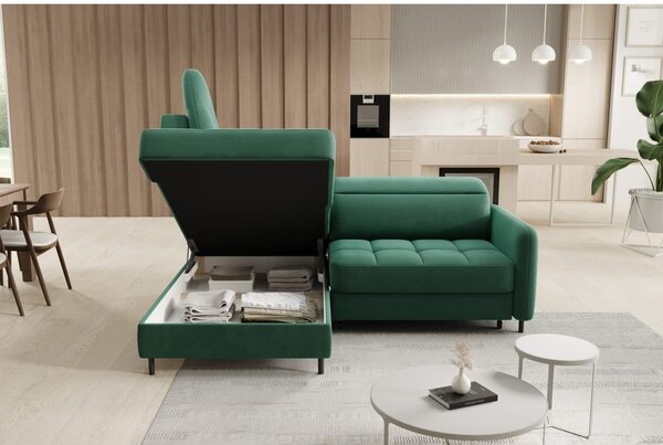 Divano angolare verde allungabile/con contenitore (con penisola a sinistra/a L) e rivestimento in velluto Barea – ELTAP