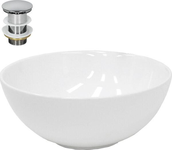 Lavabo LuxeBath Lavabo da appoggio rotondo, Ø 32x13,5 cm, bianco, in Vetroceramica, incl. set di scarico senza troppopieno