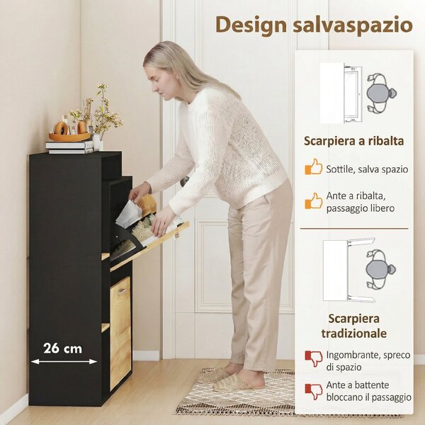 HOMCOM Mobile Portascarpe: 2 Cassetti a Ribalta, Ripiani, Nero e Legno Naturale. | Aosom Italy