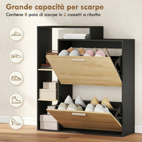 HOMCOM Mobile Portascarpe: 2 Cassetti a Ribalta, Ripiani, Nero e Legno Naturale. | Aosom Italy