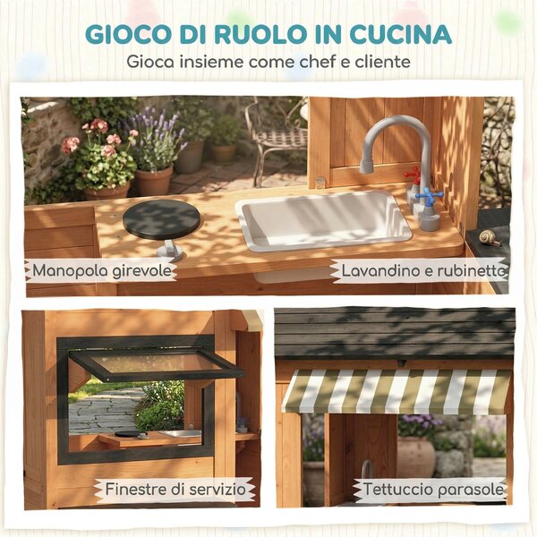 AIYAPLAY Casetta da Giardino per Bambini in Legno di Abete con Snack Bar, Finestre, Mezza Porta, Panca e Tetto Marrone | Aosom Italy