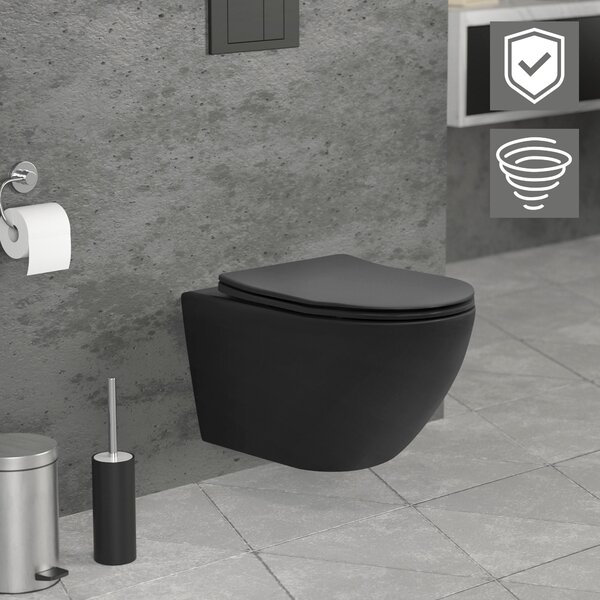 LuxeBath WC sospeso senza bordo, nero, lungo, a filo tornado, con nano rivestimento