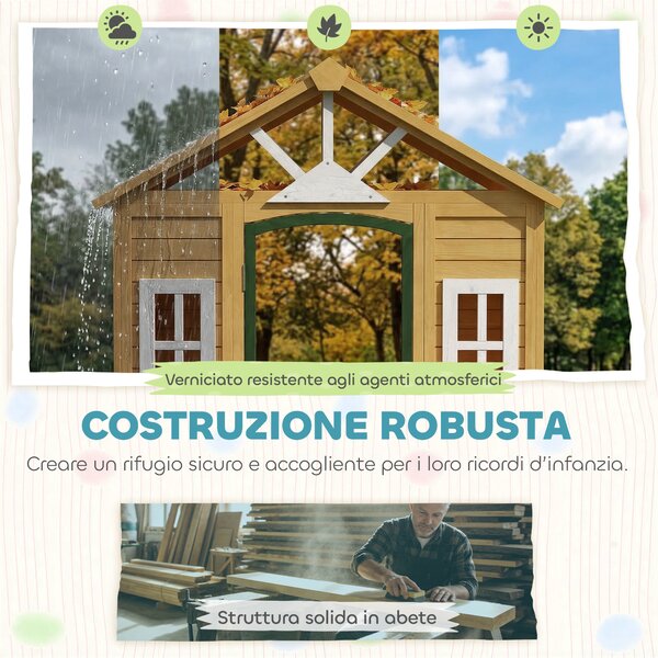 AIYAPLAY Casetta da Giardino per Bambini in Legno di Abete con Finestre, 2 Fioriere, Porta e Tetto, 3-8 Anni, Marrone | Aosom Italy