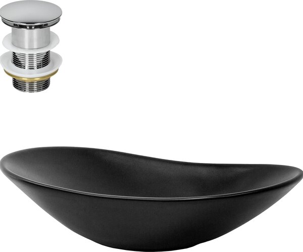 Lavabo LuxeBath Lavabo da appoggio ovale, 63x36x15,5 cm, nero, in Vetroceramica, incl. set di scarico senza troppopieno