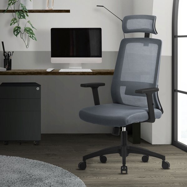 Sedia da ufficio ergonomica ML-Design, grigia, in rete, con poggiatesta regolabile