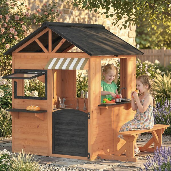 AIYAPLAY Casetta da Giardino per Bambini in Legno di Abete con Snack Bar, Finestre, Mezza Porta, Panca e Tetto Marrone | Aosom Italy