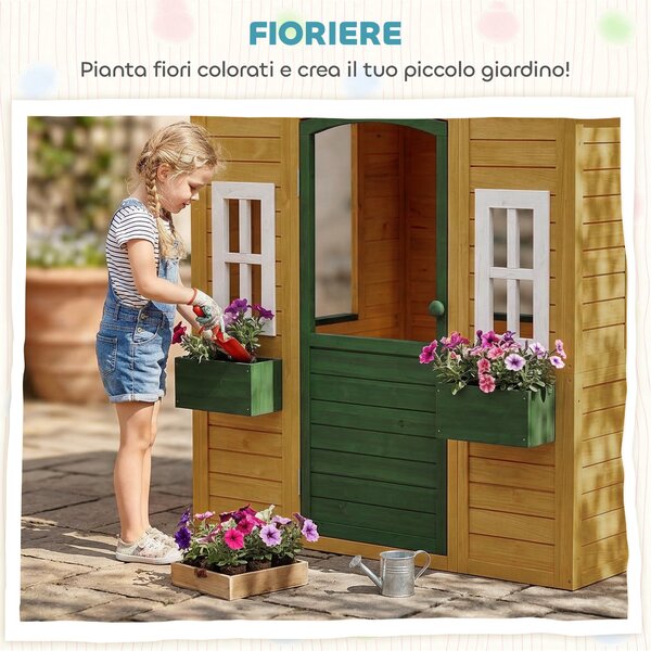 AIYAPLAY Casetta da Giardino per Bambini in Legno di Abete con Finestre, 2 Fioriere, Porta e Tetto, 3-8 Anni, Marrone | Aosom Italy