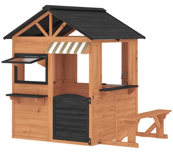 AIYAPLAY Casetta da Giardino per Bambini in Legno di Abete con Snack Bar, Finestre, Mezza Porta, Panca e Tetto Marrone | Aosom Italy