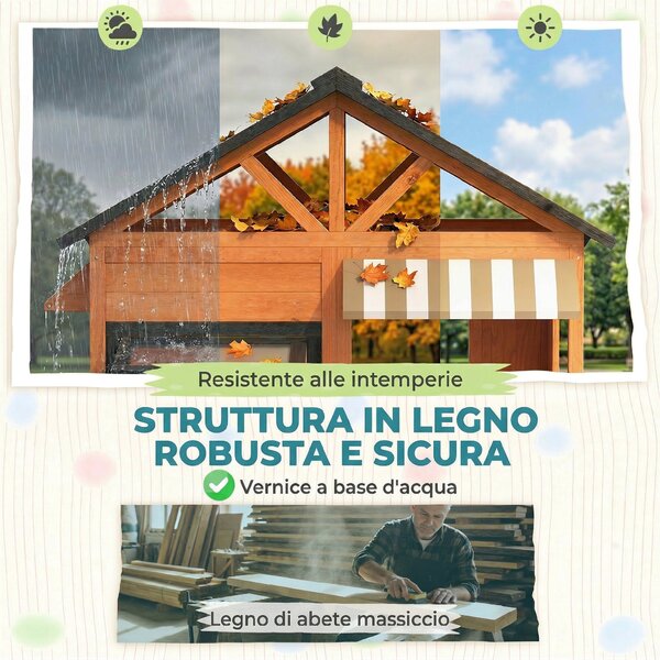 AIYAPLAY Casetta da Giardino per Bambini in Legno di Abete con Snack Bar, Finestre, Mezza Porta, Panca e Tetto Marrone | Aosom Italy