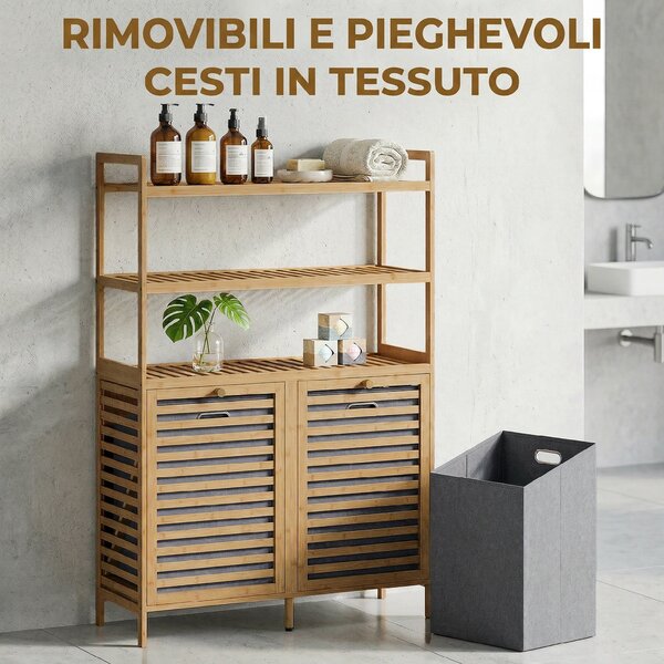 HOMCOM Mobile Porta Biancheria Doppio Inclinabile, Bambù, 2 Cesti, 3 Ripiani, Colore Rovere | Aosom Italy