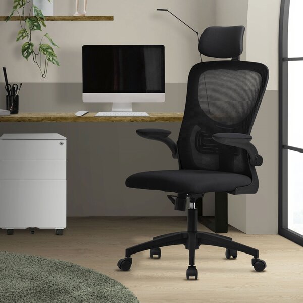 Sedia da ufficio ergonomica ML-Design, nera, in rete, con poggiatesta regolabile