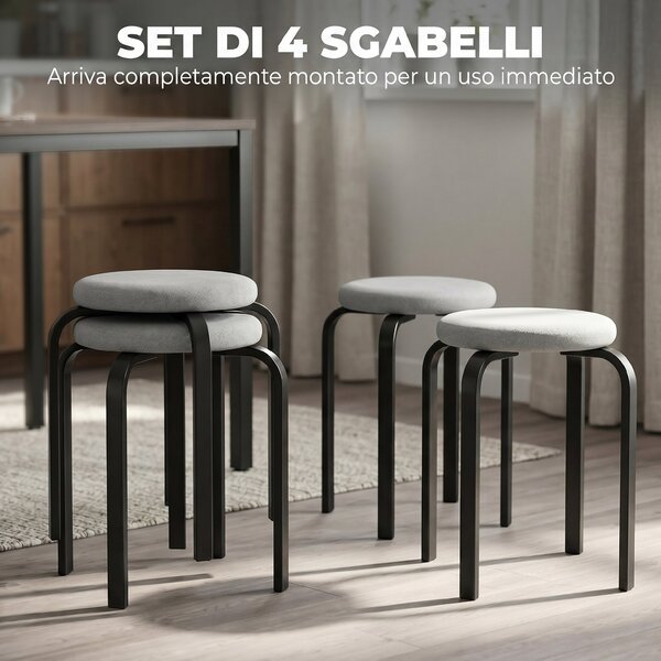 Set di 4 Sgabelli Impilabili HOMCOM Moderni con Cuscino Tondi, Grigio | Aosom Italy