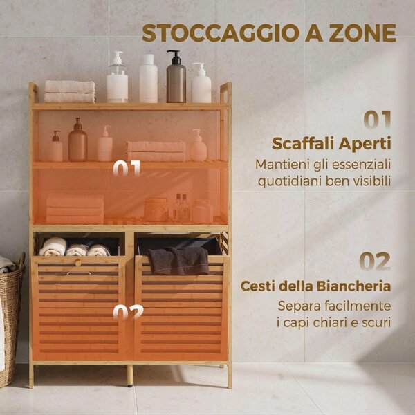 HOMCOM Mobile Porta Biancheria Doppio Inclinabile, Bambù, 2 Cesti, 3 Ripiani, Colore Rovere | Aosom Italy