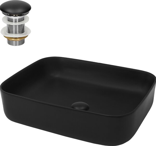 LuxeBath Lavabo da appoggio Square, 51x40,5x13,5 cm, nero opaco, in Vetroceramica, incl. set di scarico senza troppopieno