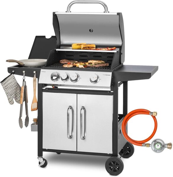 Barbecue a gas - Cucina esterna con griglia - Per cucinare all'aperto in compagnia - 4 bruciatori con bruciatore laterale - Potenza: 13,5 kW - Colore: argento