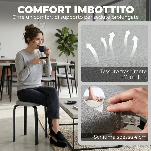 Set di 4 Sgabelli Impilabili HOMCOM Moderni con Cuscino Tondi, Grigio | Aosom Italy