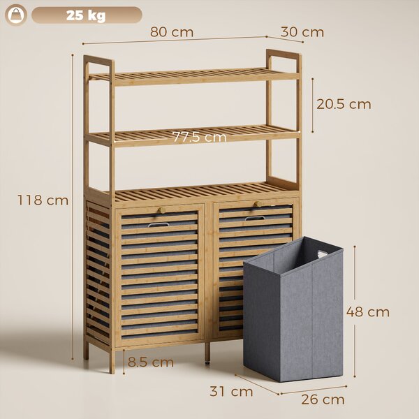 HOMCOM Mobile Porta Biancheria Doppio Inclinabile, Bambù, 2 Cesti, 3 Ripiani, Colore Rovere | Aosom Italy