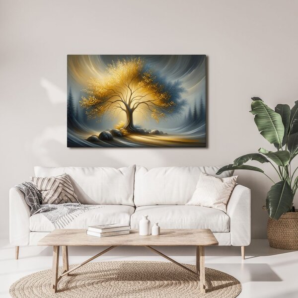 Quadro su tela – Albero della vita dorato nel paesaggio