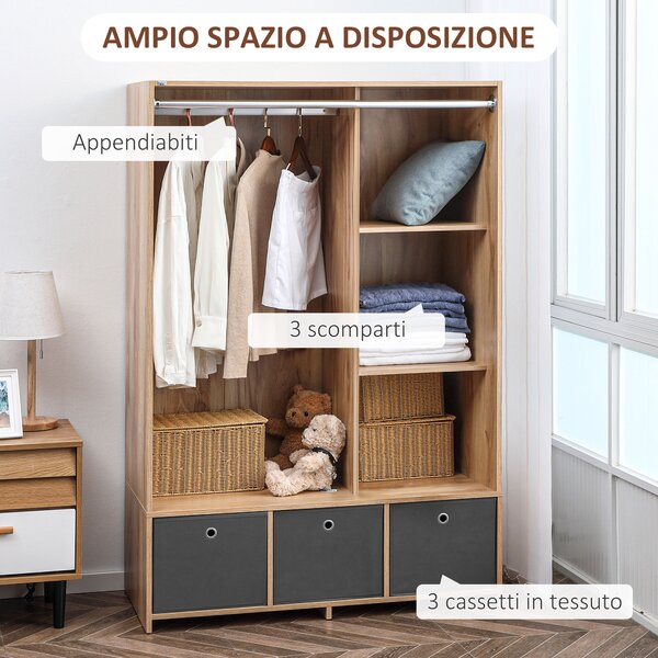 HOMCOM Armadio Guardaroba in Truciolato con Guida per Appendere, 3 Cassetti in Tessuto Effetto Lino e 3 Ripiani, 105x48x160 cm, Color Legno|Aosom