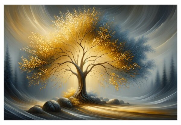 Quadro su tela – Albero della vita dorato nel paesaggio