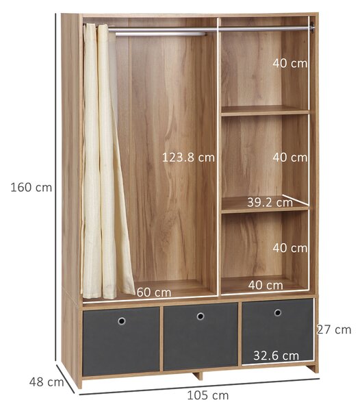 HOMCOM Armadio Guardaroba in Truciolato con Guida per Appendere, 3 Cassetti in Tessuto Effetto Lino e 3 Ripiani, 105x48x160 cm, Color Legno|Aosom