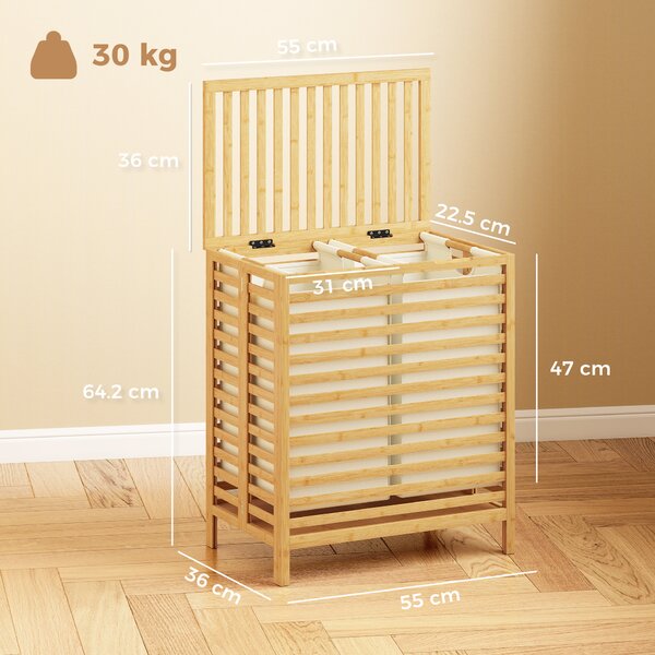 HOMCOM Cesto Portabiancheria in Bambù 64L con Coperchio, 2 Sacche in Tessuto Oxford Rimovibili e Lavabili, Color Legno | Aosom Italy