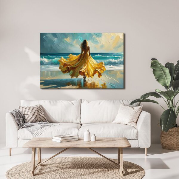 Quadro su tela – Donna in abito giallo sulla spiaggia