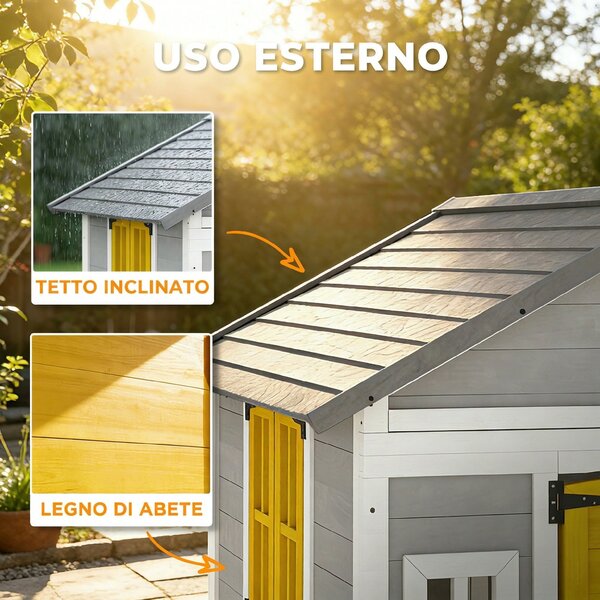 Outsunny Casetta da Giardino in Legno per Bambini 3-8 Anni con Finestre, Tetto Inclinato, Vasi e Fioriere, Grigio | Aosom Italy