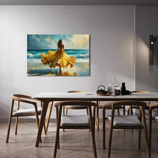 Quadro su tela – Donna in abito giallo sulla spiaggia