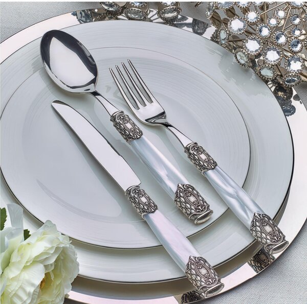 Servizio Posate QUEEN Argento Antico 24 pezzi - 6 posti tavola manico Metacrilato effetto perlato ghiera in Metallo Argento America spessore 2,5 mm