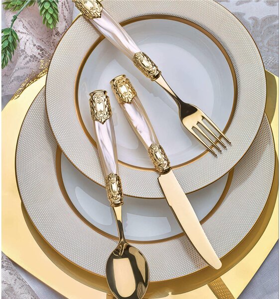 Servizio Posate QUEEN ORO GOLD 24 pezzi -6 posti tavola manico Metacrilato effetto perlato ghiera in Metallo Dorato spessore 2,5 mm