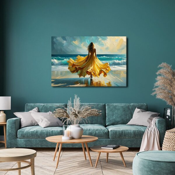 Quadro su tela – Donna in abito giallo sulla spiaggia
