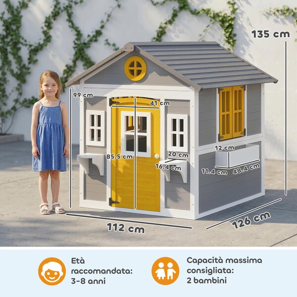Outsunny Casetta da Giardino in Legno per Bambini 3-8 Anni con Finestre, Tetto Inclinato, Vasi e Fioriere, Grigio | Aosom Italy
