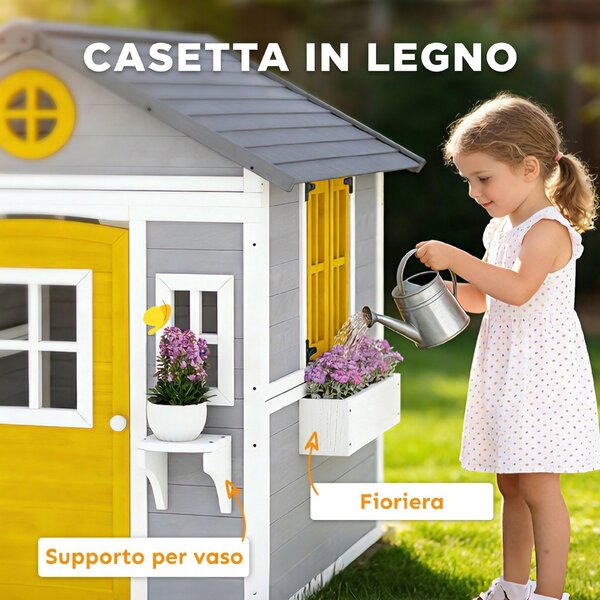 Outsunny Casetta da Giardino in Legno per Bambini 3-8 Anni con Finestre, Tetto Inclinato, Vasi e Fioriere, Grigio | Aosom Italy