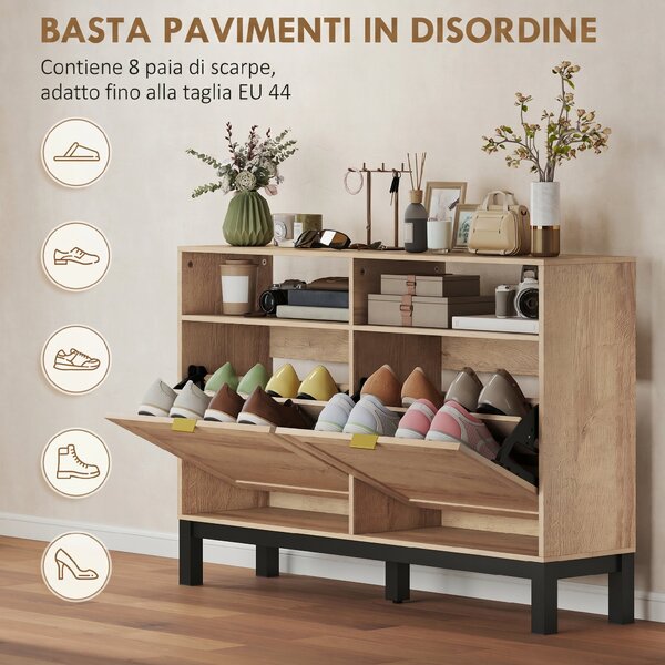 HOMCOM Scarpiera Salvaspazio Slim con 2 Ante a Ribalta e Ripiani Regolabili Rimovibili per 8 Paia, Color Noce | Aosom Italy