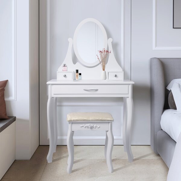 ML-Design tavolo da toilette bianco, tavolo da toilette con specchio, sgabello e 3 cassetti, 75x140x40 cm, stile country, tavolo cosmetico per donne e ragazze