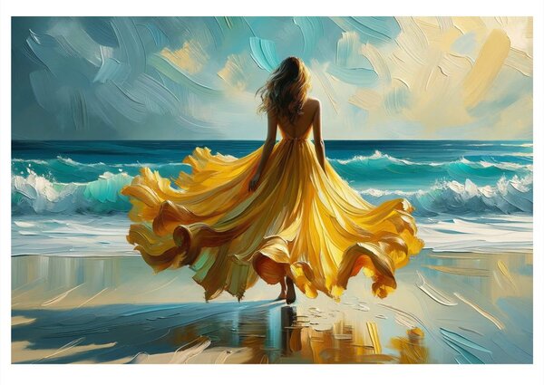 Quadro su tela – Donna in abito giallo sulla spiaggia