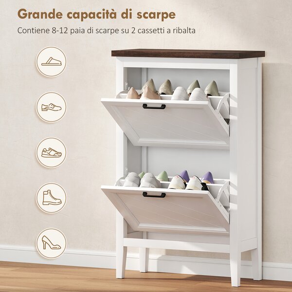 HOMCOM Scarpiera Country con 2 Cassetti Ribalta, Ripiani Regolabili, Design Bianco. | Aosom Italy