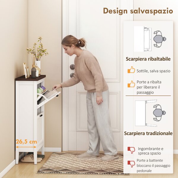 HOMCOM Scarpiera Country con 2 Cassetti Ribalta, Ripiani Regolabili, Design Bianco. | Aosom Italy